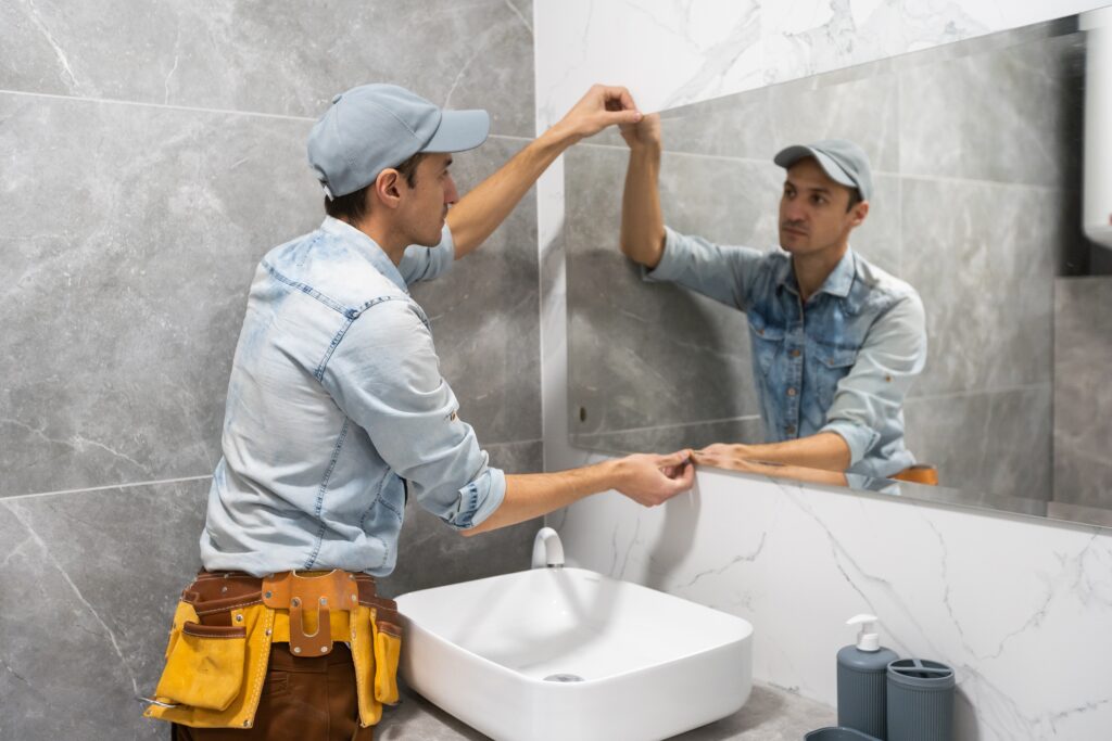 Man installing mirror in modern marble bathroom