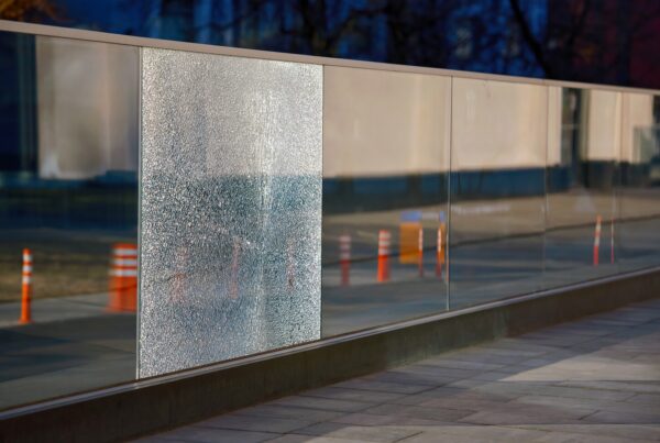 Frosted glass panel in sunlit urban setting